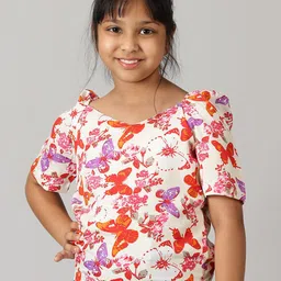 KiddoPanti Girls Square Neck Conversational Printed Georgette Top-picture-1