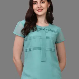 Kinjo Short Sleeves Georgette Bow Top-picture-17