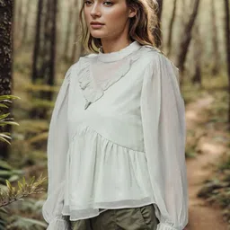 RARE White Round Neck long Cuffed Sleeves Ruffles Top-picture-13