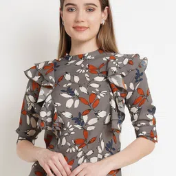 IX IMPRESSION Women Grey Floral Printed Ruffles Georgette Top-image-54