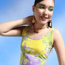 Popwings Yellow Rip Tie and Dye Round Neck Crop Top-image-15