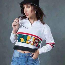 Bewakoof Looney Tunes Merchandise Women's White Graphic Printed Oversized Polo Short Top-image-43