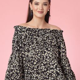 Oomph! Floral Print Off-Shoulder Bell Sleeves Crepe Bardot Top-33