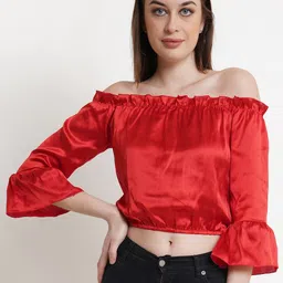 DODO & MOA Red Solid Off-Shoulder Bardot Top-image-5