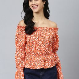 FLAMBOYANT Orange & White Floral Print Off-Shoulder Bardot Top-image-58