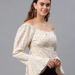 PRETTY LOVING THING Off White Floral Print Off-Shoulder Bardot Top-image-45