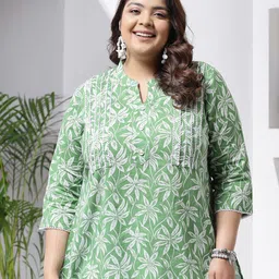 Little More By Stylum Plus Size Tropical Printed Mandarin Collar Pure Cotton A-Line Top-image-60