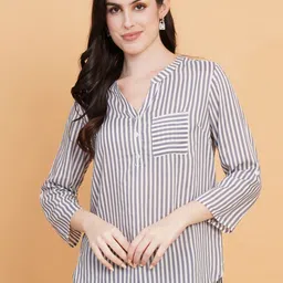 IX IMPRESSION Striped Mandarin Collar Cotton Top-image-45