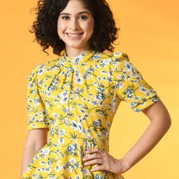IUGA Floral Printed High Neck Puff Sleeves Peplum Top-image-45