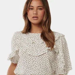 Forever New  Polka Dots Print Round Neck Puff Sleeves Ruffles Casual Top-51