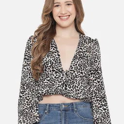 Orchid Blues Women Black Animal Print Wrap Crop Top-image-94