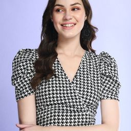 BAESD Geometric Printed Puff Sleeve Wrap Crop Top-picture-13