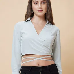 Globus Shirt Collar Waist Tie-Up Wrap Crop Top-picture-27