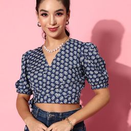 BAESD Abstract Printed Tie-Up Detail Puff SleeveS Crepe Wrap Crop Top-image-61