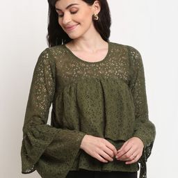 La Zoire Olive Green Layered Pure Cotton Lace Empire Top-image-86