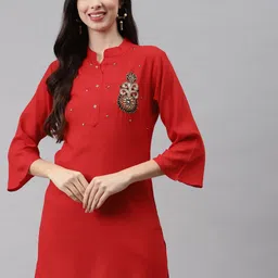 HIGHLIGHT FASHION EXPORT Red Embroidered Mandarin Collar Regular Top-picture-28