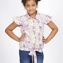 IDAA Girls Floral Print Shirt Collar Flutter Sleeve Crepe Shirt Style Top-picture-2