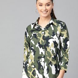 Zima Leto Green & White Camouflage Printed Crepe Shirt Style Top-image-61
