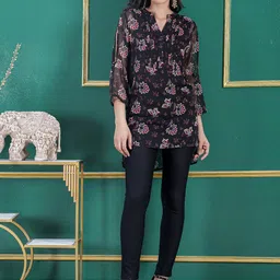 DEBONATELLA Floral Print Mandarin Collar Crepe Shirt Style Top-image-5