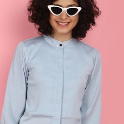 V-Mart Mandarin Collar Cuffed Sleeves Satin Shirt Style Top-image-65