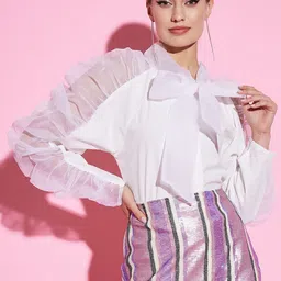 Athena White Tie-Up Neck Puff Sleeves Power Shoulders Scuba Top-picture-17