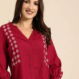 all about you Red Embroidered Shirt Style Top-image-27
