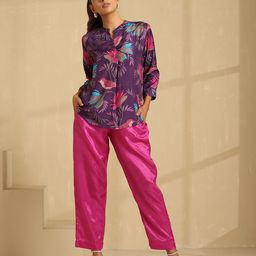 indy Raaga Floral Print Band Collar Pure Silk Shirt Style Top-picture-50