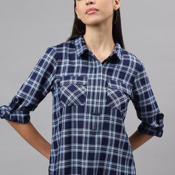 Latin Quarters Checked Shirt Collar Roll-Up Sleeves Opaque Shirt Style Top-image-58