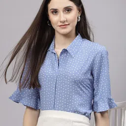 Style Quotient Blue Geometric Printed Shirt Collar Bell Sleeve Shirt Style Top-image-58
