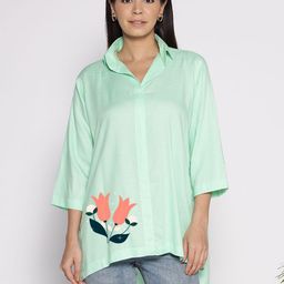 LetsDressUp Floral Printed Shirt Collar High Low Top-image-60