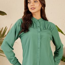 RARE Green Mandarin Collar Cuffed Sleeves Opaque Shirt Style Casual Top-image-89