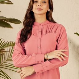 RARE Pink Mandarin Collar Cuffed Sleeves Opaque Shirt Style Casual Top-picture-26