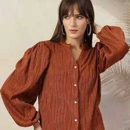 plusS Striped mandarin collar puff sleeves vertical stripes shirt style top-picture-12