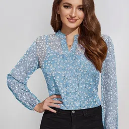 KERI PERRY Floral Printed Mandarin Collar Puff Sleeves Semi Sheer Shirt Style Top-image-2
