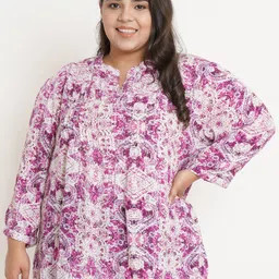 IX IMPRESSION Women Plus Size Pink & White Abstract Print Mandarin Collar Shirt Style Top-picture-7