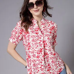 Style Quotient Red Floral Print Mandarin Collar Shirt Style Top-33
