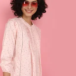 V-Mart Polka Dots Printed Mandarin Collar Cuffed Sleeves Pleated Detail Shirt Style Top-picture-17