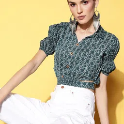 KALINI Floral Print Puff Sleeve Cotton Shirt Style Crop Top-image-21