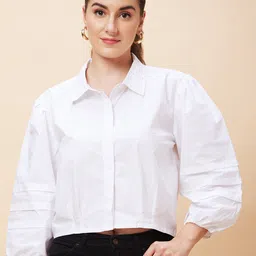 Globus White Puff Sleeve Pure Cotton Shirt Style Crop Top-11