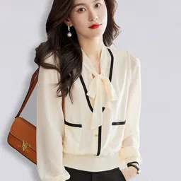 JC Collection Cream-Coloured & Black Tie-Up Neck Shirt Style Top-36