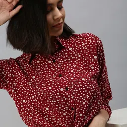 SHOWOFF Red Print Tie-Up Neck Shirt Style Top-image-45