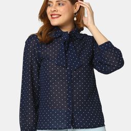 V-Mart Polka Dots Print Tie-Up Neck Cotton Shirt Style Top-57