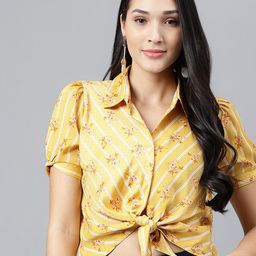 Latin Quarters Floral Print Shirt Collar Front Knot Top-picture-58
