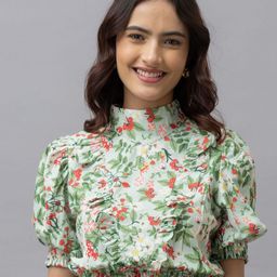 HAUTEQUE Floral Printed Puff Sleeve Blouson Crop Top-image-6