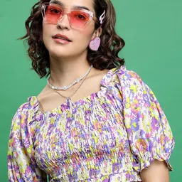 KETCH Floral Printed Smocked Fitted Crop Top-image-86
