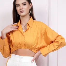 Athena Drop Shoulder Sleeves Cotton Shirt Style Crop Top-image-52