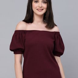 Style Quotient Maroon Off-Shoulder Puff Sleeve Regular Top-image-20