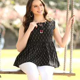 DECKEDUP Geometric Print Tie-Up Neck Cotton Peplum Top-image-60