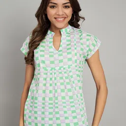 Amagyaa Geometric Print Mandarin Collar Block Print Cotton Top-picture-3