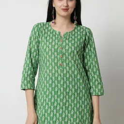 KALINI Floral Printed Notched Neck Pure Cotton Kurti-image-10